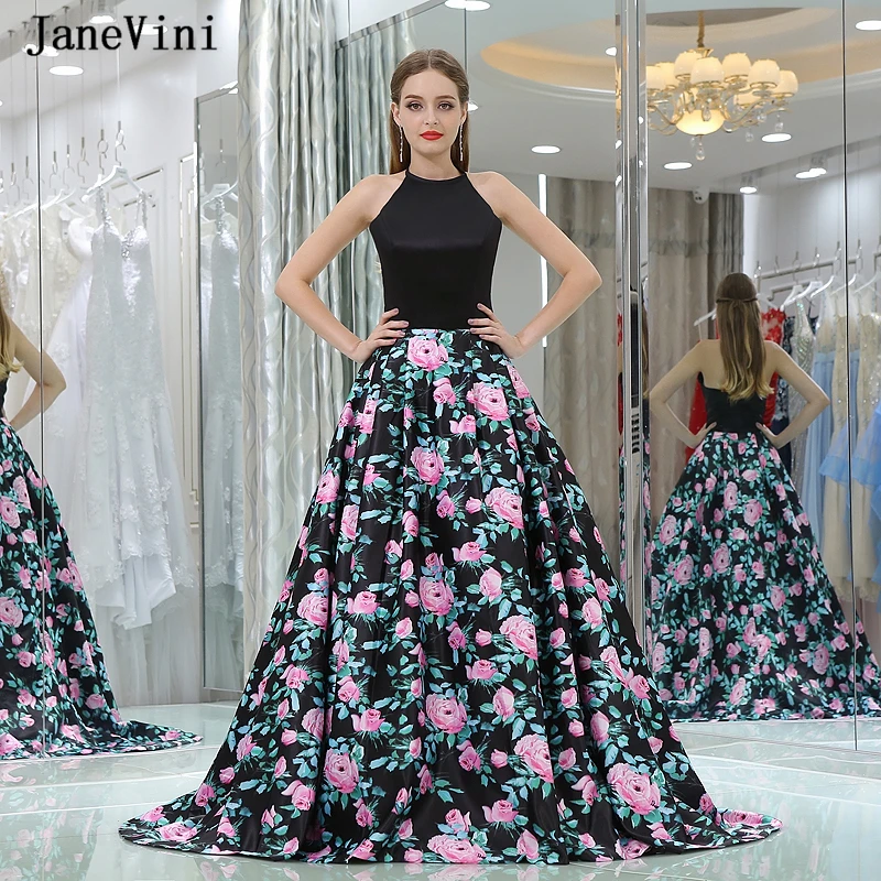 JaneVini Элегантное Черное атласное платье для выпускного вечера с цветочным