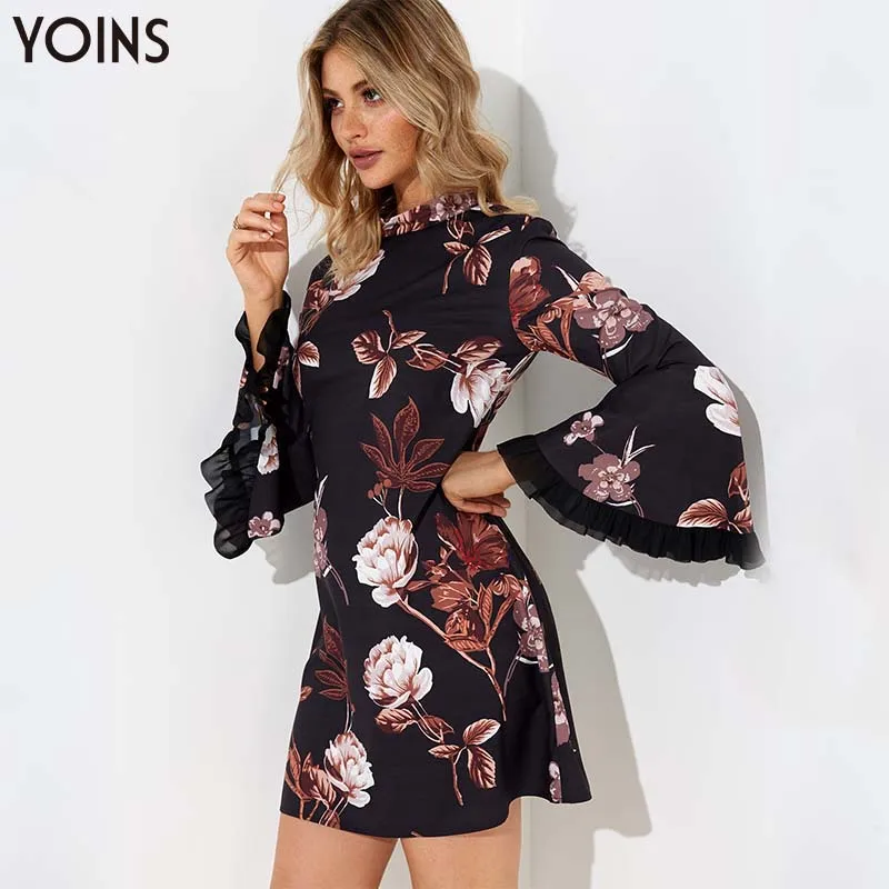 YOINS цветочные платья с воротником стойкой и рукавом колокольчиком высокой талией