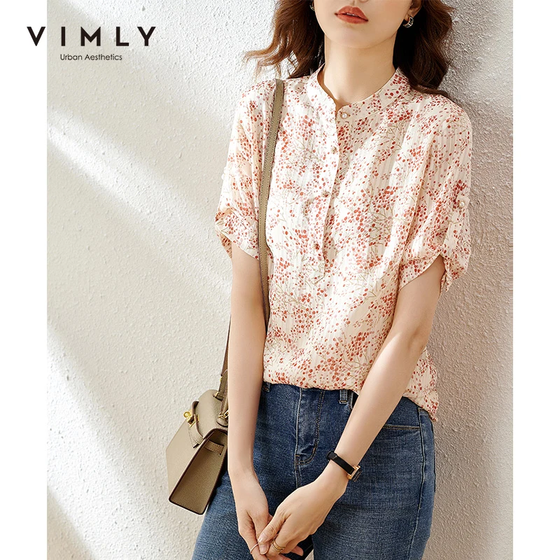 

VIMLY Летняя женская цветочная блузка 2021 модная шифоновая рубашка с воротником-стойкой элегантный офисный Дамский пуловер блузы женские Топы...