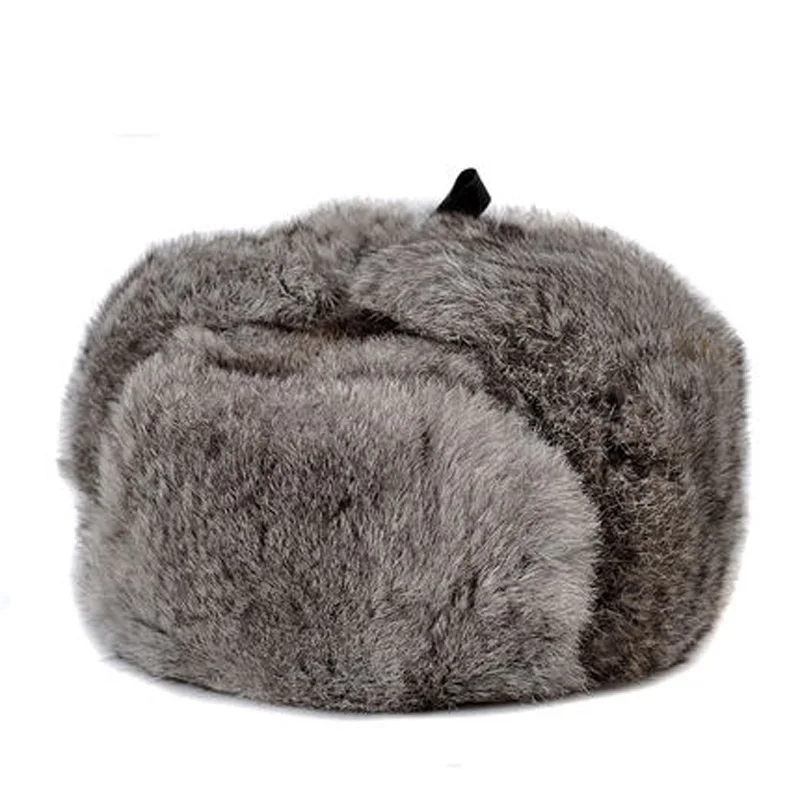 Rabbit Fur Cap Man Winter Genuine 100% Fur Bomber Hat Windproof Warm Earmuffs Male Flat Grey/Black Russian Hat