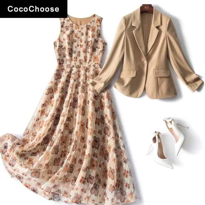 

Женский офисный костюм-двойка, блейзер цвета хаки на одной пуговице с длинным рукавом и Цветочное платье, весна-лето 2022