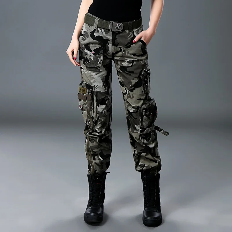 Women Workout Camouflage Leisure Military Trousers Overalls Plus Size Baggy Pockets Pants Straight Loose Cotton Cargo Pants