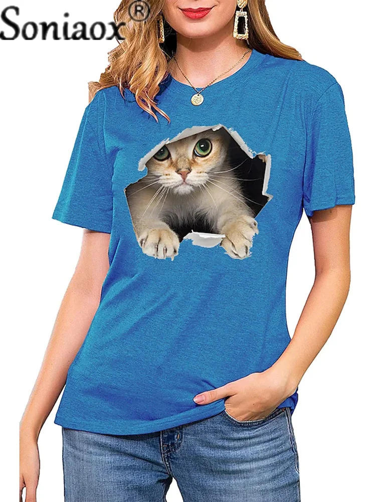Женская футболка с принтом кошки свободная повседневная круглым вырезом модель