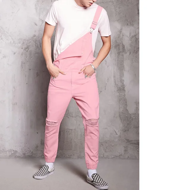 Rompers Mens Jumpsuit 2022 New Fashion Cotton Casual Male Denim Ripped Jeans Pants Pink Overalls conjunto masculino Size XXXL