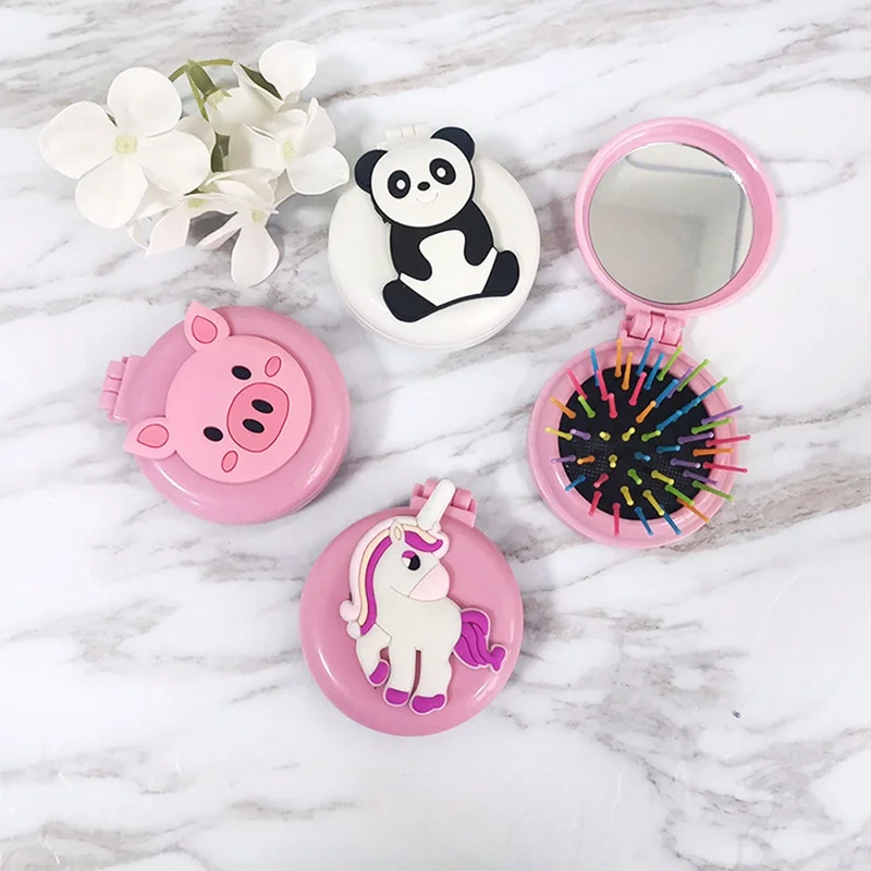 

1Pc Unicorn Makeup Comb Hair Brush Styling Tool Portable Mini Folding Comb Airbag Massage Round Travel Hair Brush with Mirror