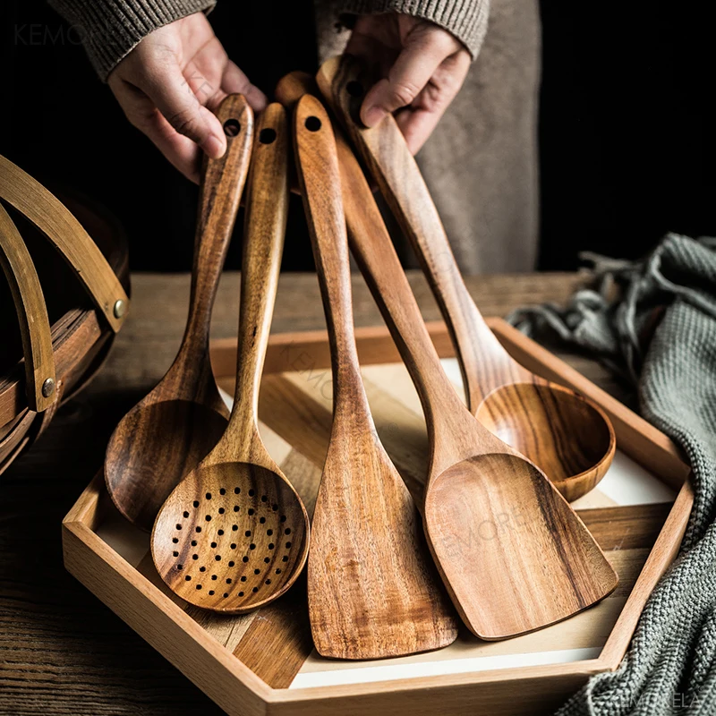 

Natural Wood Tableware Spoon Ladle Turner Long Rice Colander Soup Skimmer Cooking Spoons Scoop Kitchen Tool Set
