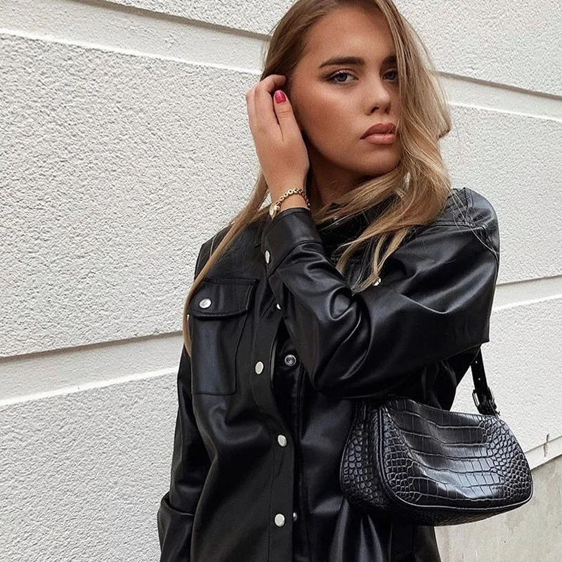 Harajuku Pu Faux Leather Coat Women Casual Fake Leather Jackets Tops Black Outwear Autumn Oversized Punk Style Streetwear