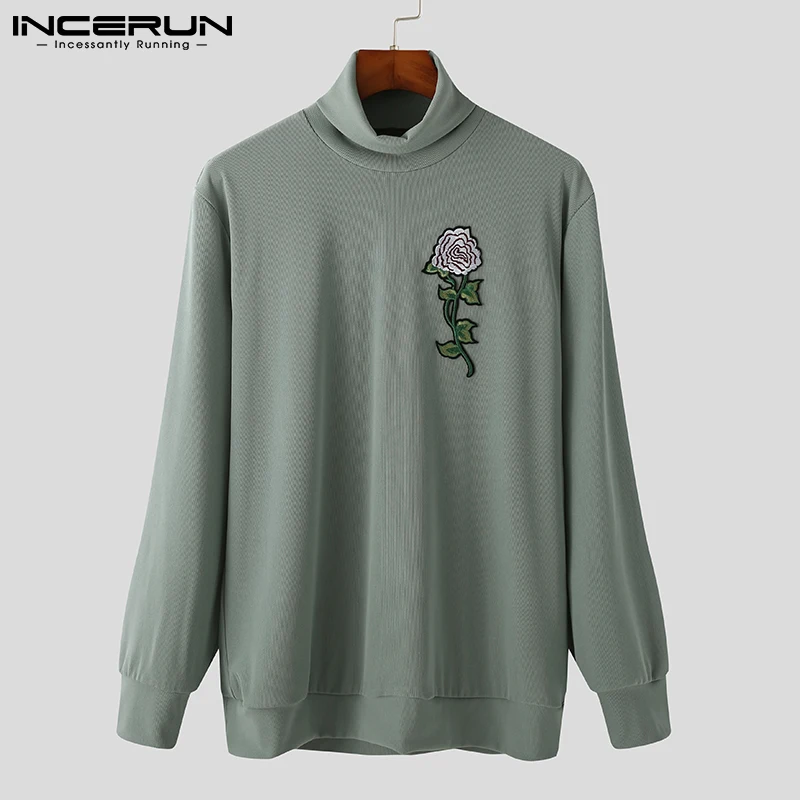 

Men Casual T Shirt Turtleneck Rose Embroidery Long Sleeve Streetwear Vintage Camiseta Hombre Knitted 2021 Tee Tops S-5XL INCERUN
