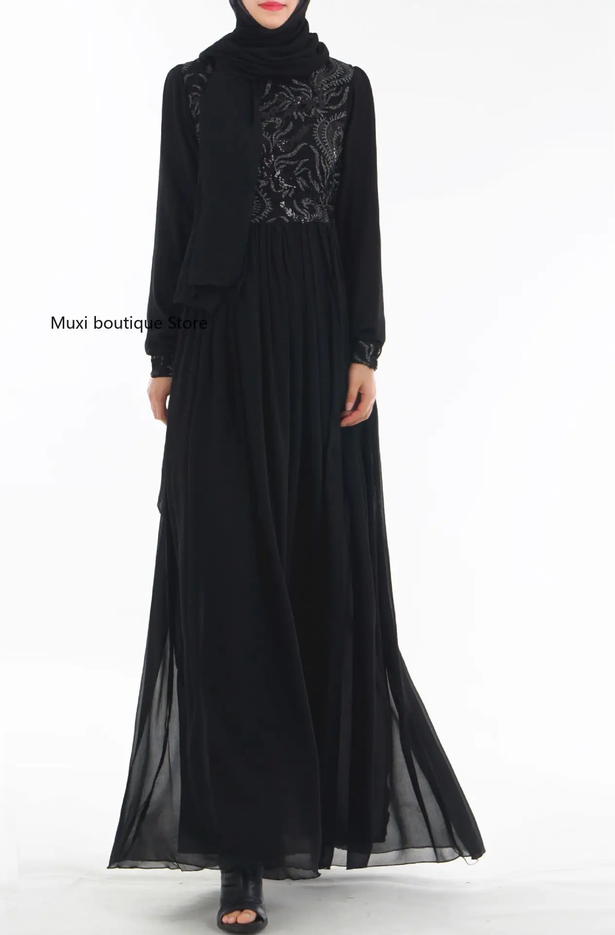 

Muxi muslim pearl chiffon abaya sequined lace high waist embroidery abayas for women middle east Dubai abaya muslim dress women