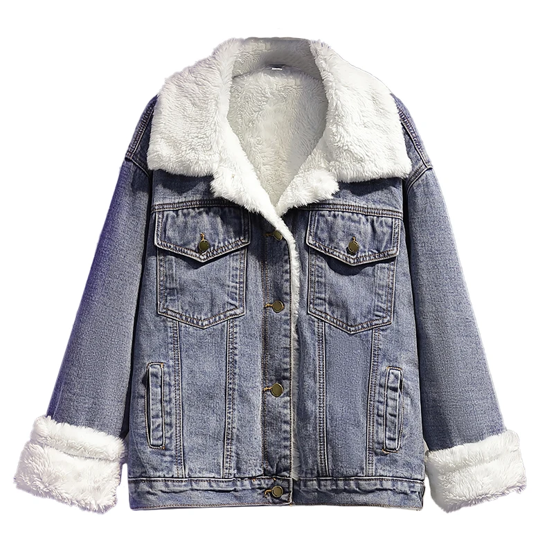

Plus-size women's 2021 Winter Lamb Heavy Fleece Denim Coat Loose denim coat Button Pocket Blue denim Coat PLus-size 3XL