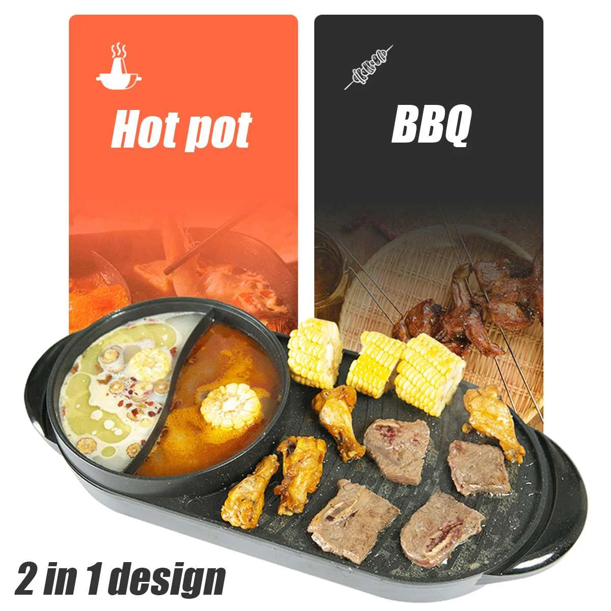 

Larger 2 in 1 220V Electric Hot Pot Oven Smokeless Barbecue Machine Home BBQ Grills Indoor Roast Meat Dish Plate Multi Cooker