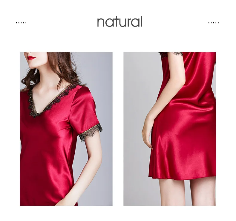 Women's Summer Nightwear Satin Short Sleeve Nightgown V-Neck Solid Color Above Knee Sleepwear Women Lace Sexy Nightdress