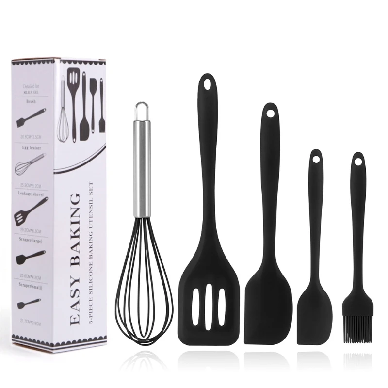 

5pcs Silicone Kitchenware Baking Tools Frying Spatula Whisk Oil Brush Leaking Spatula Egg Beater Non-stick Cookware Set B03C