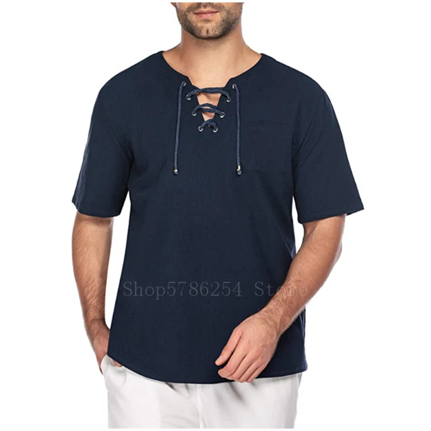 Men Medieval Costume Short Sleeve Cotton Retro Lace up Cardigan T-shirt Viking Pirate Renaissance Cosplay Adult V Neck Top 3XL |