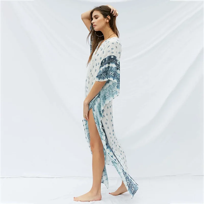 Элегантное летнее пляжное платье-туника в горошек с v-образным вырезом стиле бохо