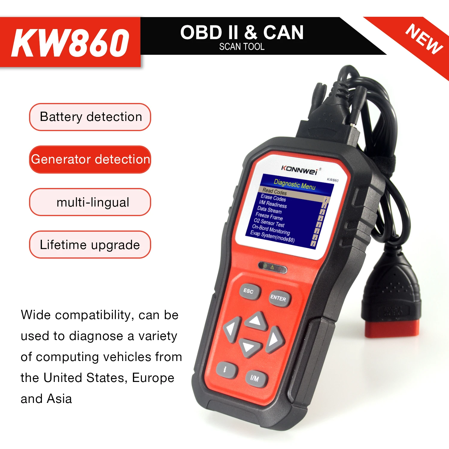 

KONNWEI KW860 Professional OBD2 Diagnostic Tool Car Scanner Obd2 Code Reader OBD II EOBD Clear Fault Error Codes Upgraded KW850