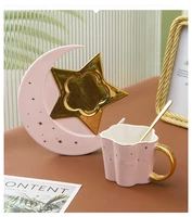 creative ceramic star moon coffee cup and saucer with spoon golden handle mug afternoon tea cup juice water drinks cup porcelain