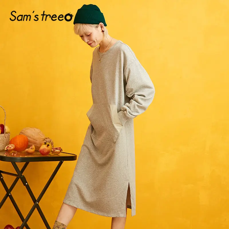 SAM'S TREE/серые однотонные Прямые повседневные толстовки с капюшоном; женское платье; осень г.; черное лоскутное платье с рюшами на рукавах; повседневные офисные женские платья