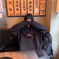 harajuku cherry printed cute students hooded fashion loose long sleeve black tops females fashion hoodie clothing streetwear