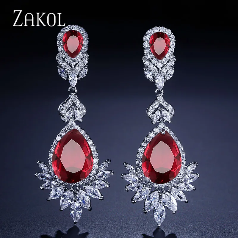 Red Earrings ZAKOL высокое качество большая капля синий кубический цирконий лист серьги ожерелье набор украшений для женщин свадебное вечернее платье FSSP2014 - Окраска металла: Red Earrings