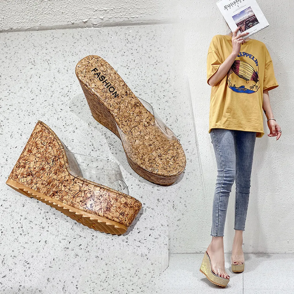 Fashion Transparent Wedges Waterproof Platform Women's Slippers High Heels Women Sandals Slip Ons Beach Casual Ladies Shoes 5.12 | Обувь