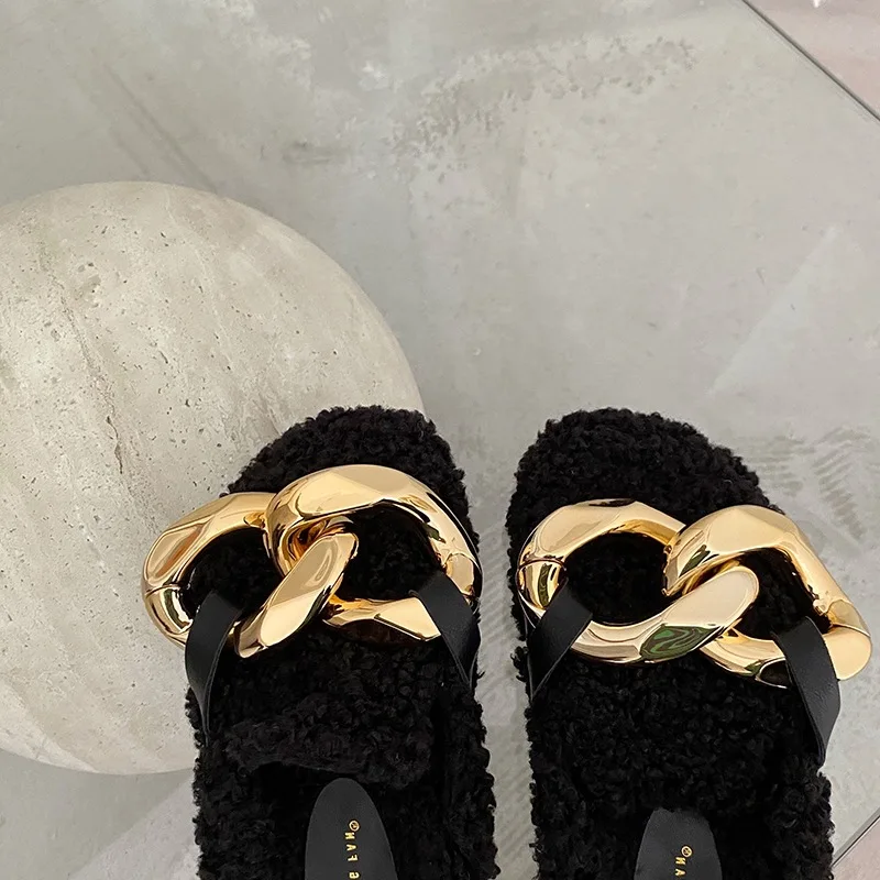 

New Design Women Slipper Fashion Gold Chain Slip On Slides Casual Flat Flip Flop Summer Mules Shoes Winter Warm Lambswool