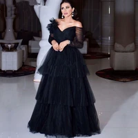 black arabic off shoulder evening dresses 2021 a line elegant long sleeves tulle tiered party prom gowns floor length dubai