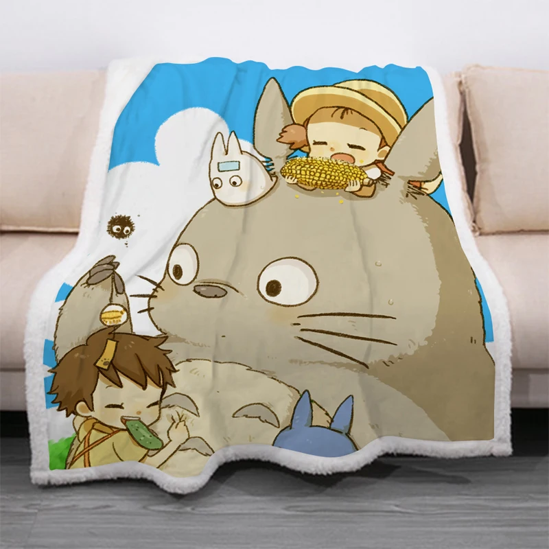 

Cartoon Totoro Funny Character Blanket 3D Print Sherpa Blanket on Bed Home Textiles Dreamlike Style 02