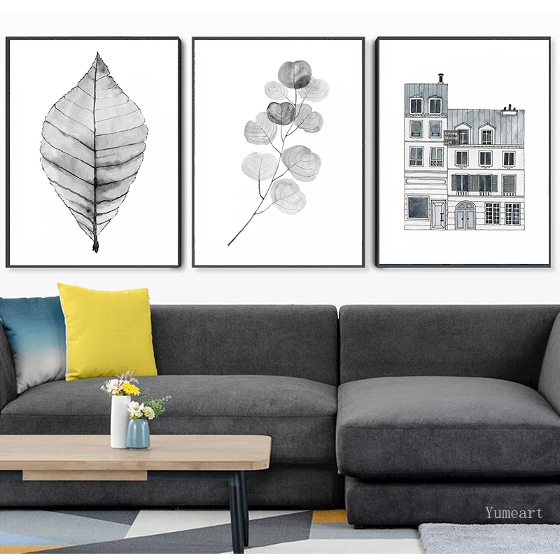 Черно-белые абстрактные листья холст живопись Постер для строительства принты