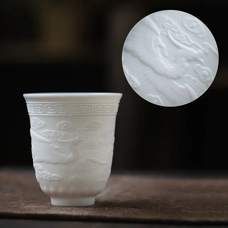 

High White Ceramic Transmittancy Relief Emboss Large Size Master Cup Tea Cup Dragon & Phoenix COUPLE'S Cups