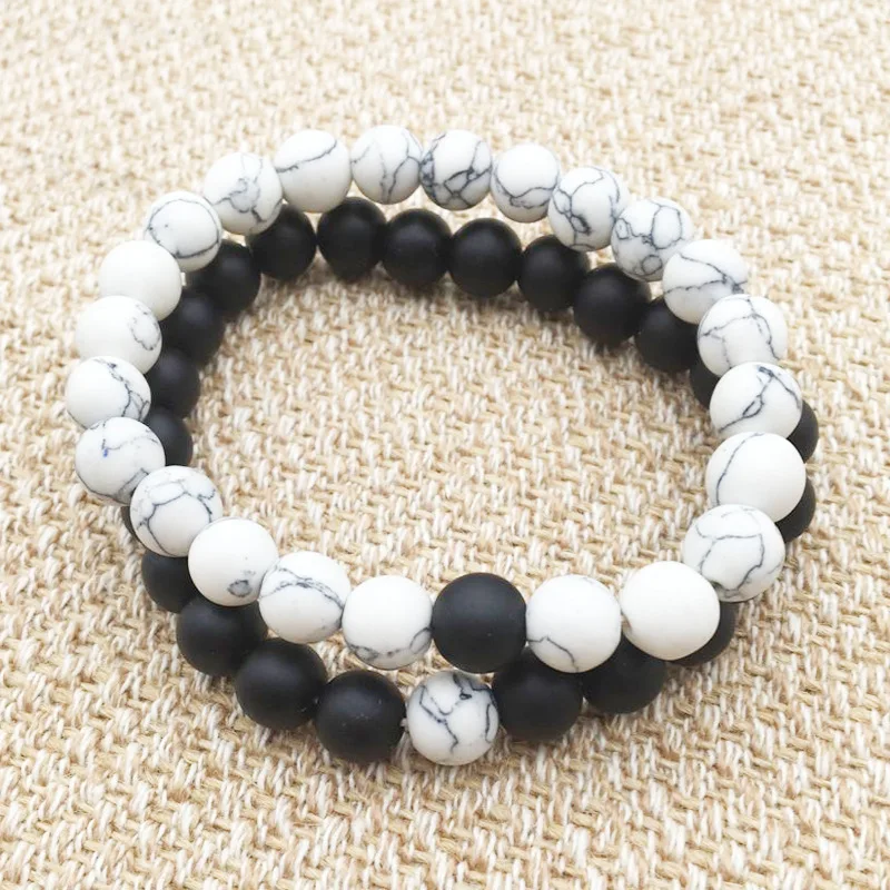 2019 Classic 2Pcs Black White Natural Pumice Stone Beaded Bracelet Men's Women's Bracelets Friends Couples Jewelry Gifts | Украшения