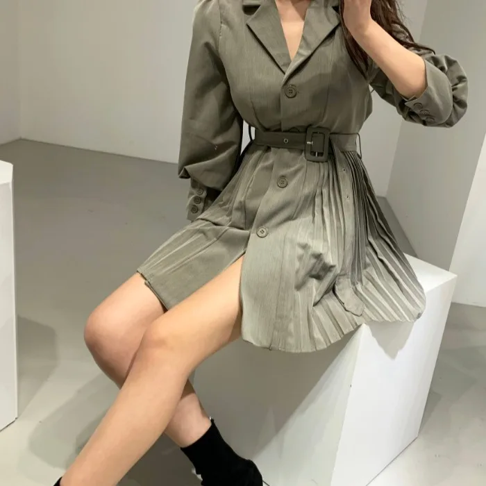 [EWQ] простой модный тренд женское платье-блейзер в Корейском стиле плиссированные