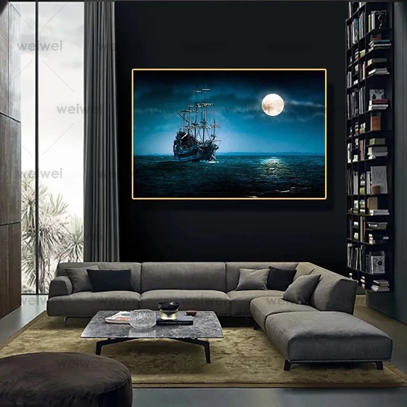 

Canvas Painting Seascape Poster Hd Moon and Medieval Sea Warship Picture Creativity Home Decor Living Room Modern Art Painting