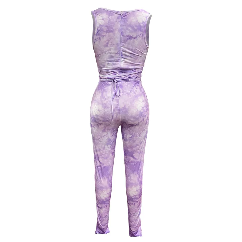 

Sexy Tie Dye Jumpsuit Women Sleeveless Bodycon One Piece Playsuit Bandage Lace Up Outfit Club Summer Romper Skinny Pants Joggers