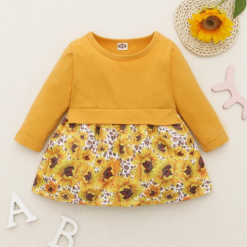 

Baby Girl's Solid Floral Long Sleeve Dress Cute girl print Cotton casual dress girl summer cute dress for 0-18M baby girls