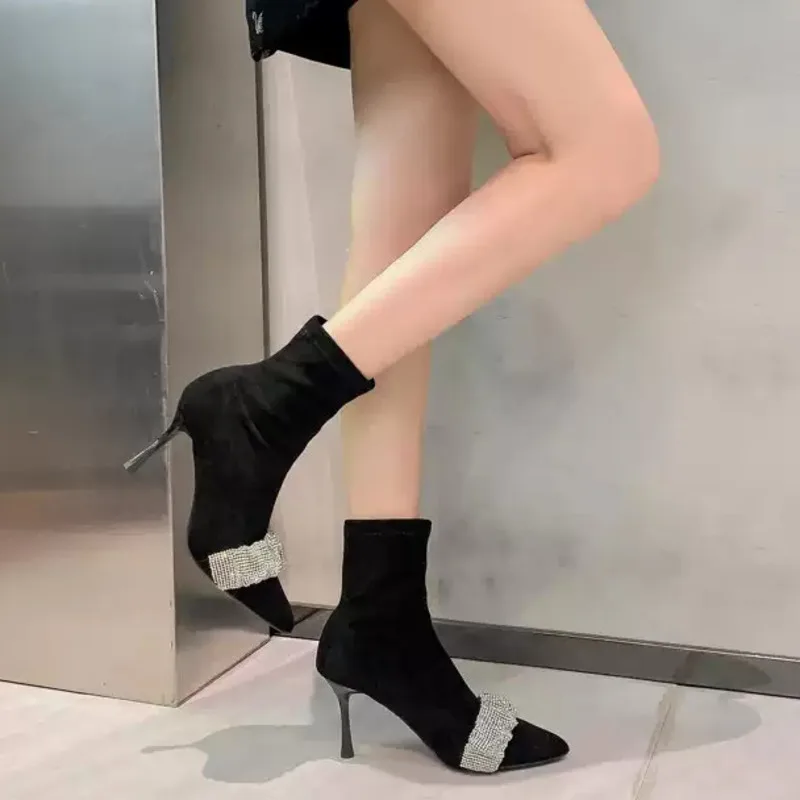 

Short Boots For Women Black Pointed Toe Boot Stiletto Suede Rhinestone Martin Boots For Ankle Boat Sexy Banquet Lady Shoe