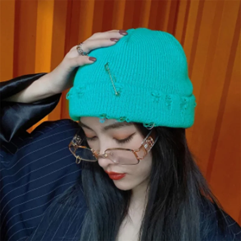 

Harajuku Beanies Knitted Hat Fashion Warm Thick Hip Hop Pin Hole Skullcap Short Hat Unisex Basic Cap Winter New