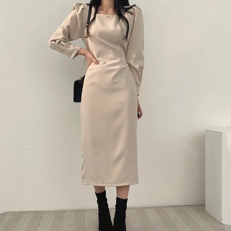 

Женское платье с квадратным вырезом, однотонное платье во французском стиле с высокой талией и пышными рукавами, осень 2021