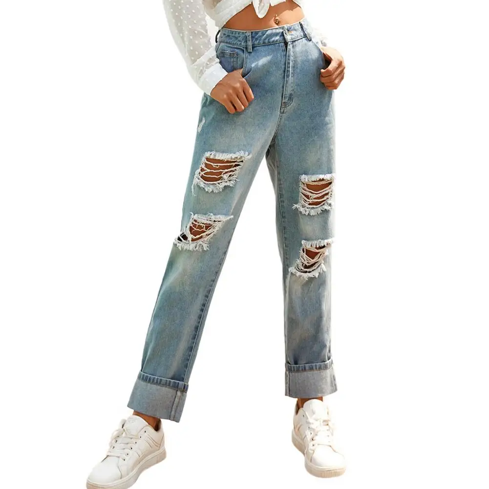 

Y2K High Waist Ripped Denim Slim Ladies Straight Jeans High Waist Solid Color Wide Leg Jeans Women Street Solid Color Slim