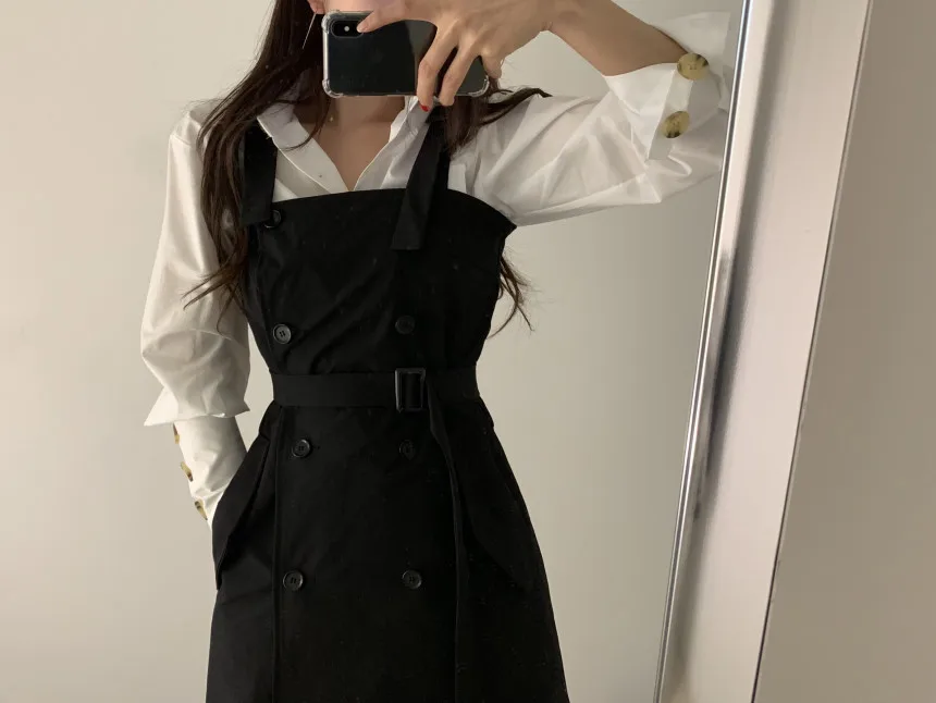 New Women Shirts Double Breasted Elegantlted Waist + Blouse Gray Braces White Shirt Black Suspenders 9704