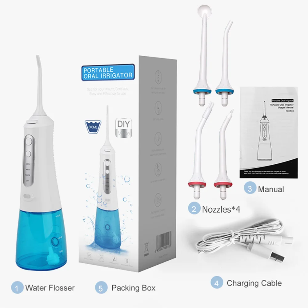 

300ml 3 Modes Portable Oral Irrigator Cordless Water Dental Flosser USB Rechargeable 4 Nozzles Water Jet Floss Tooth Pick