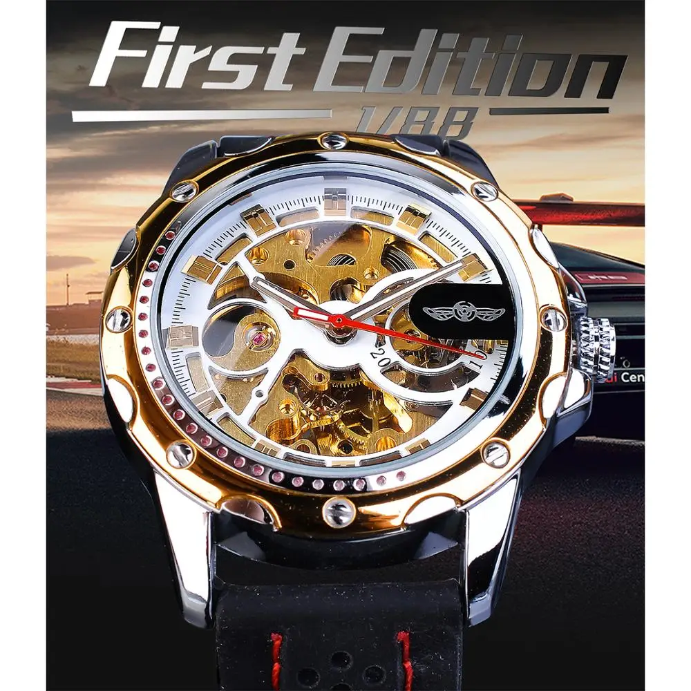 Механические часы Winner Golden Skeleton автоматические мужские в стиле стимпанк золотые