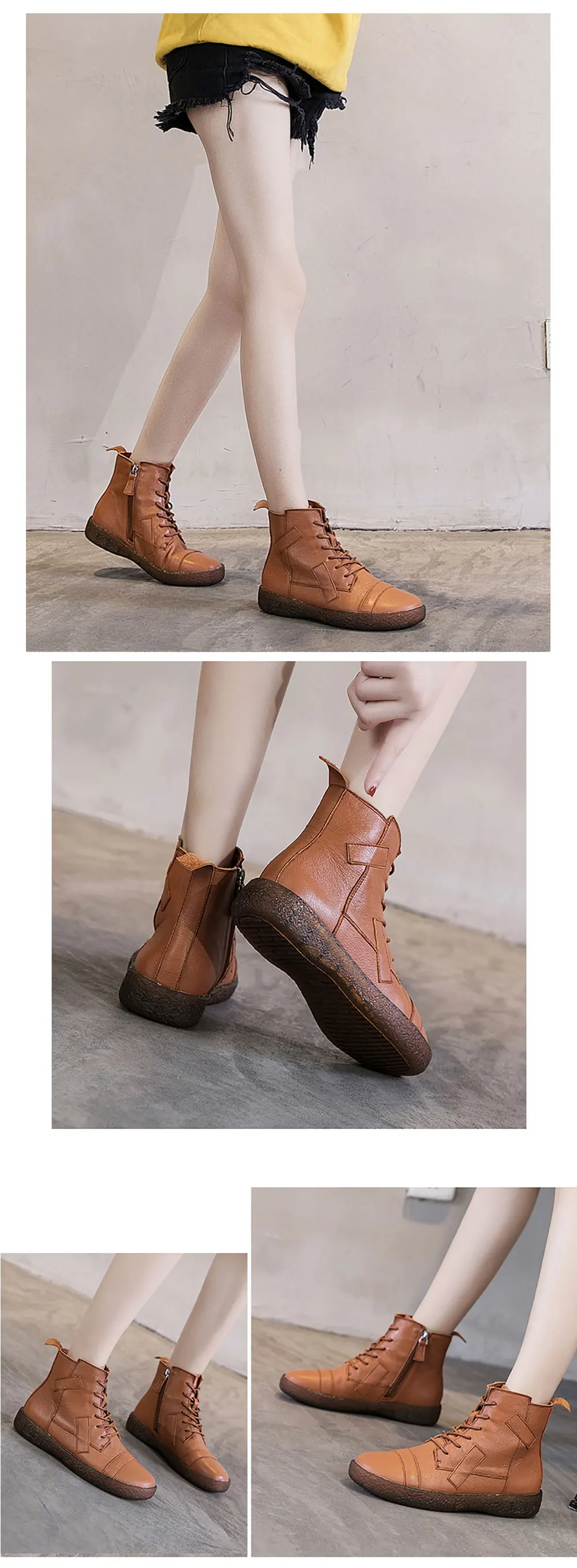 PEIPAH Women's Genuine Leather Shoes Woman Ankle Boots Female Retro Flat With Zip Women's Shoes Autumn Winter Bootee Woman