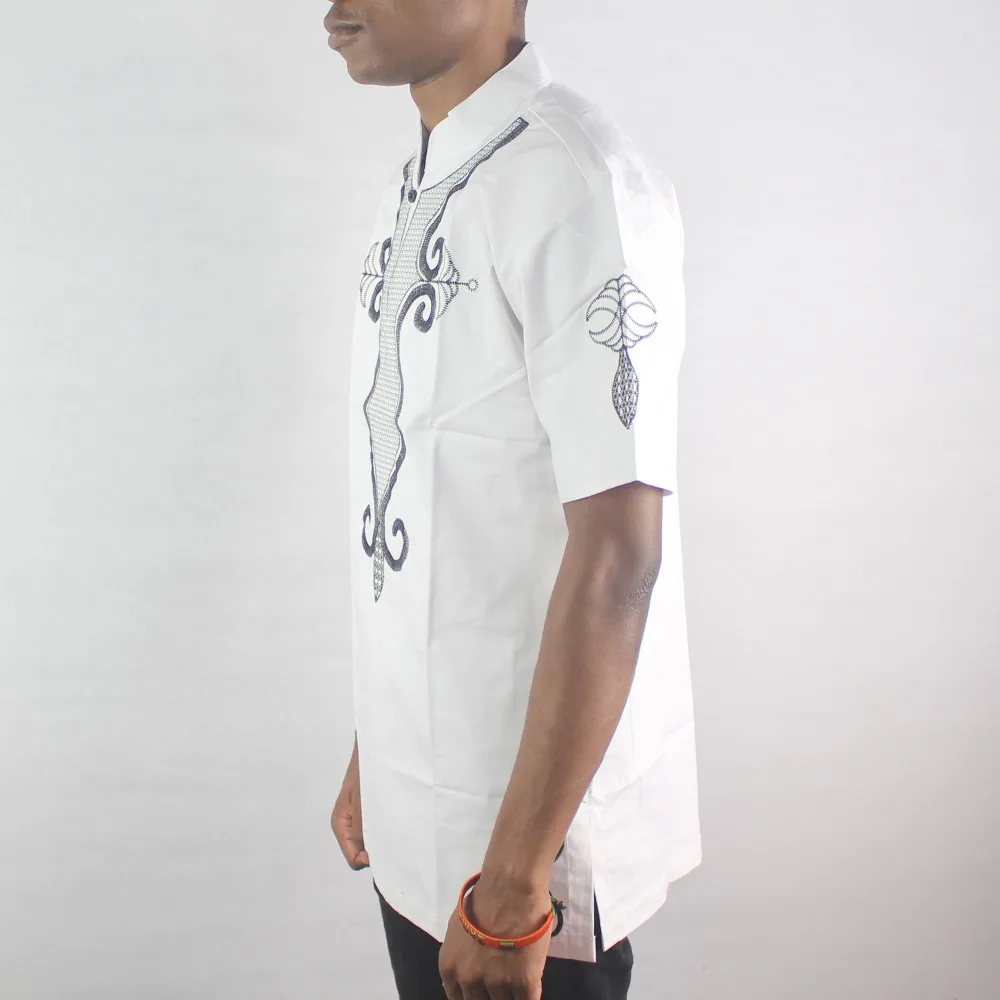 White Lucky Embroidery Men`s Ethnic Tops Collar Short Sleeved Muslim Shirts for Male Summer Wearing Футболка мужская