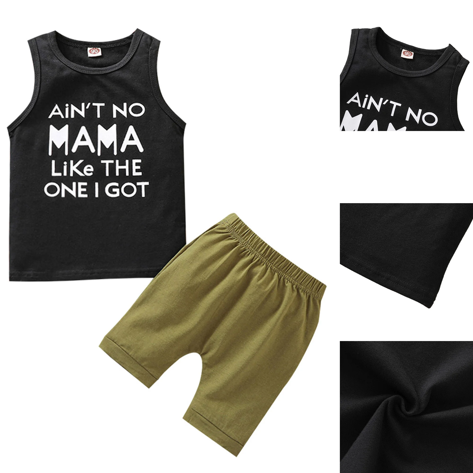 

OPPERIAYA 2Pcs Summer Baby Boys Outfit Fashionable Toddler Simple Style Sleeveless Round Collar Letter Tops Solid Shorts Set