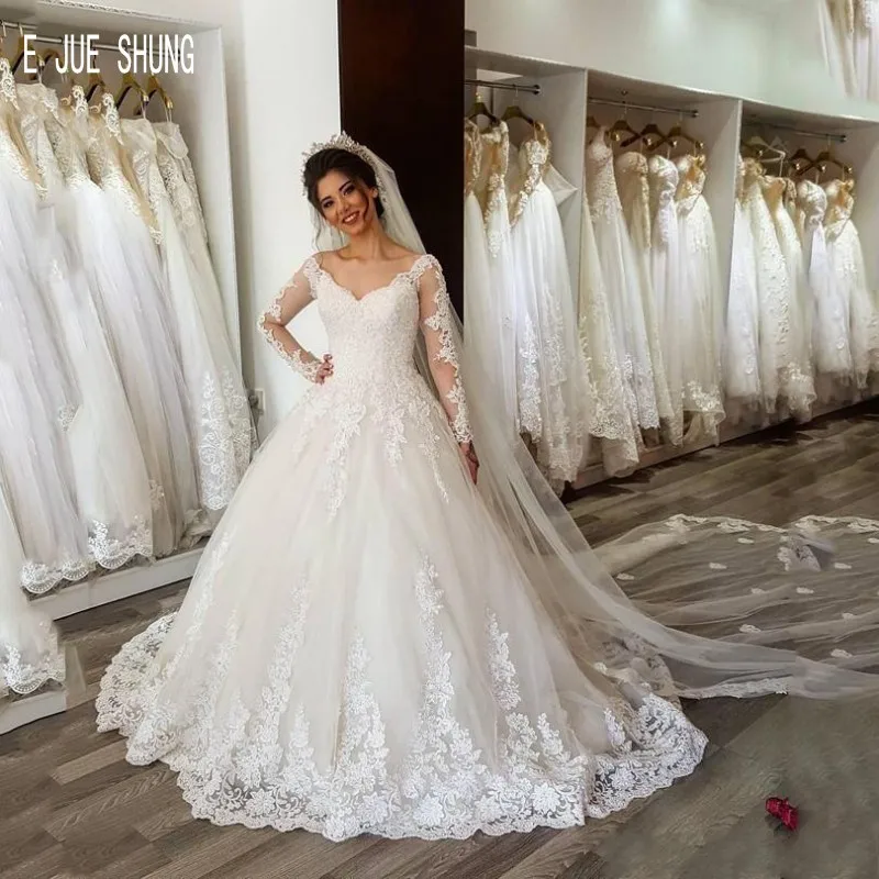 

E JUE SHUNG New Modern Tulle Wedding Dresses with Long Sleeves V Neck Lace Appliques Lace Up Back Bridal Gowns robe de mariee
