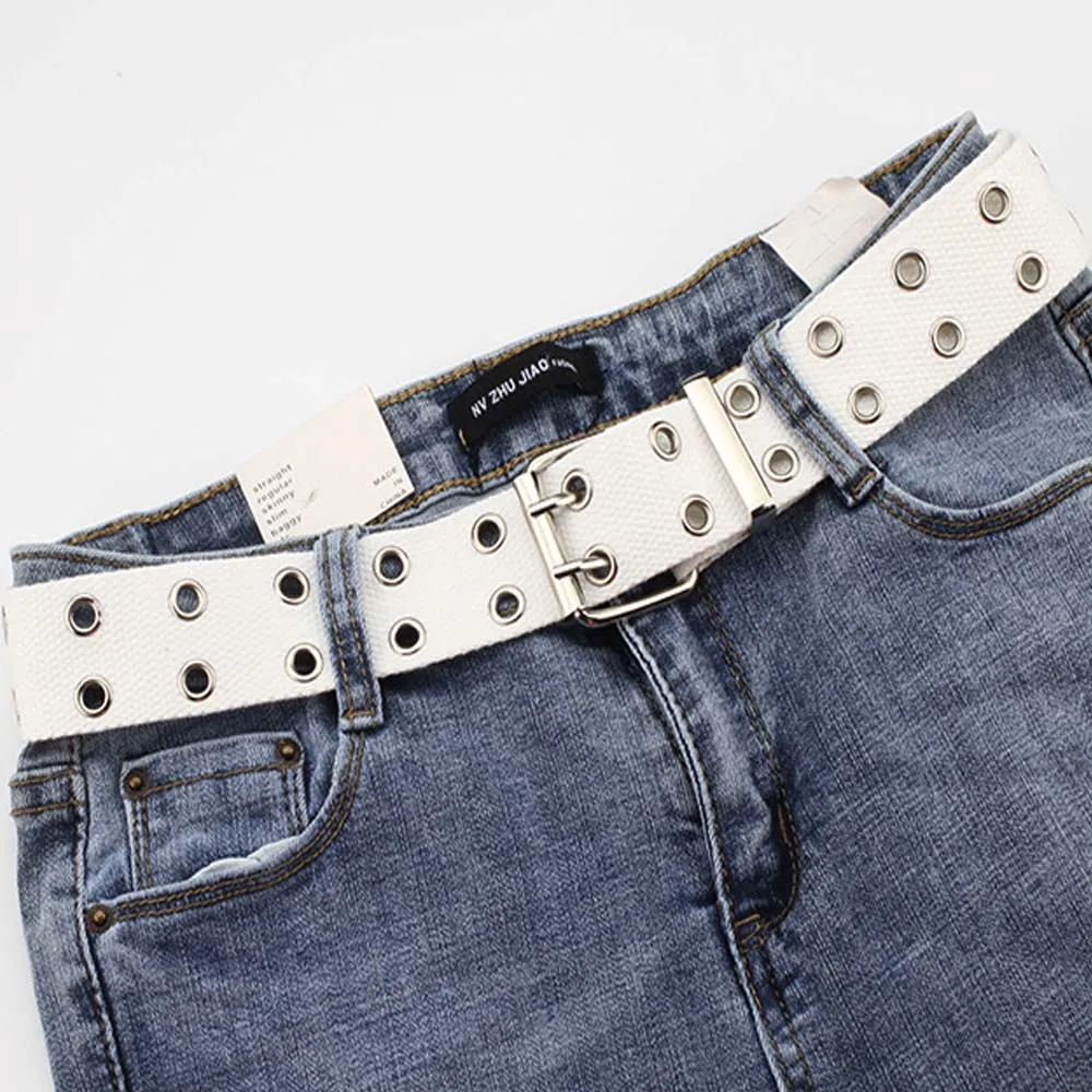 Новый Широкий холщовый ремень в стиле панк Харадзюку с двойной пряжкой люверсами