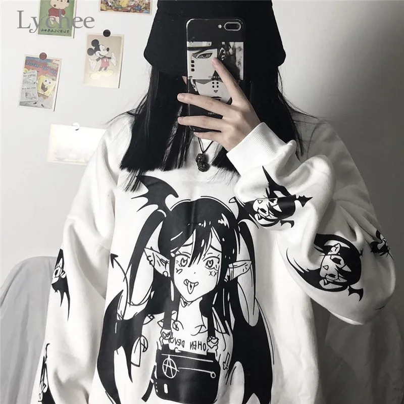 Lychee Harajuku повседневные свободные женские флисовые пуловеры темный дьявол