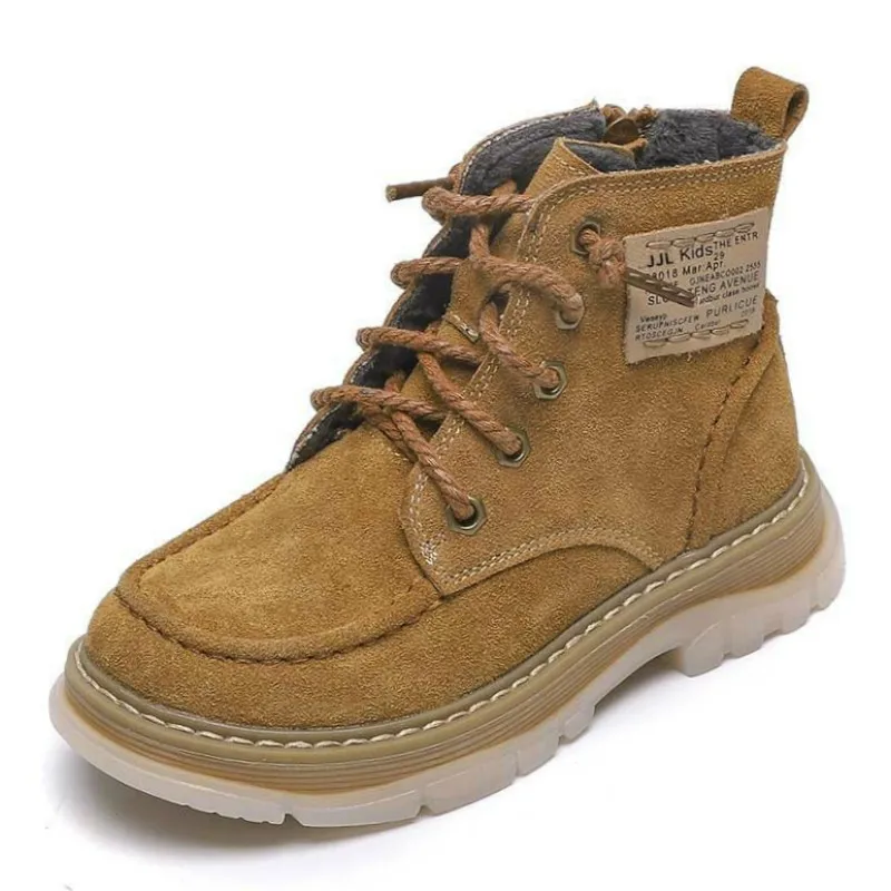 

Детские ботинки, обувь для мальчиков, модные кожаные школьные ботинки из воловьей кожи для снега, плюшевые теплые водонепроницаемые детски...