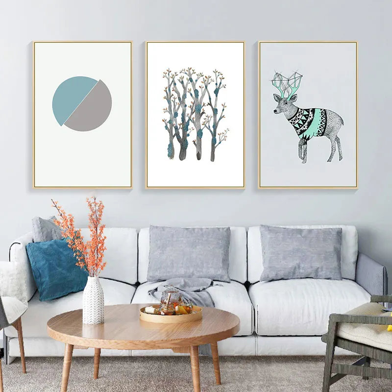 Nordic лес Стиль животного пятнистого рисунок оленя на холсте Абстрактная живопись